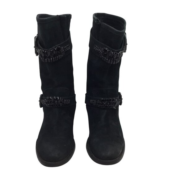 Vera Wang Lavender Uma Embellished Combat Moto Leather Mid-Calf Boots Womens 9.5 - Picture 5 of 14